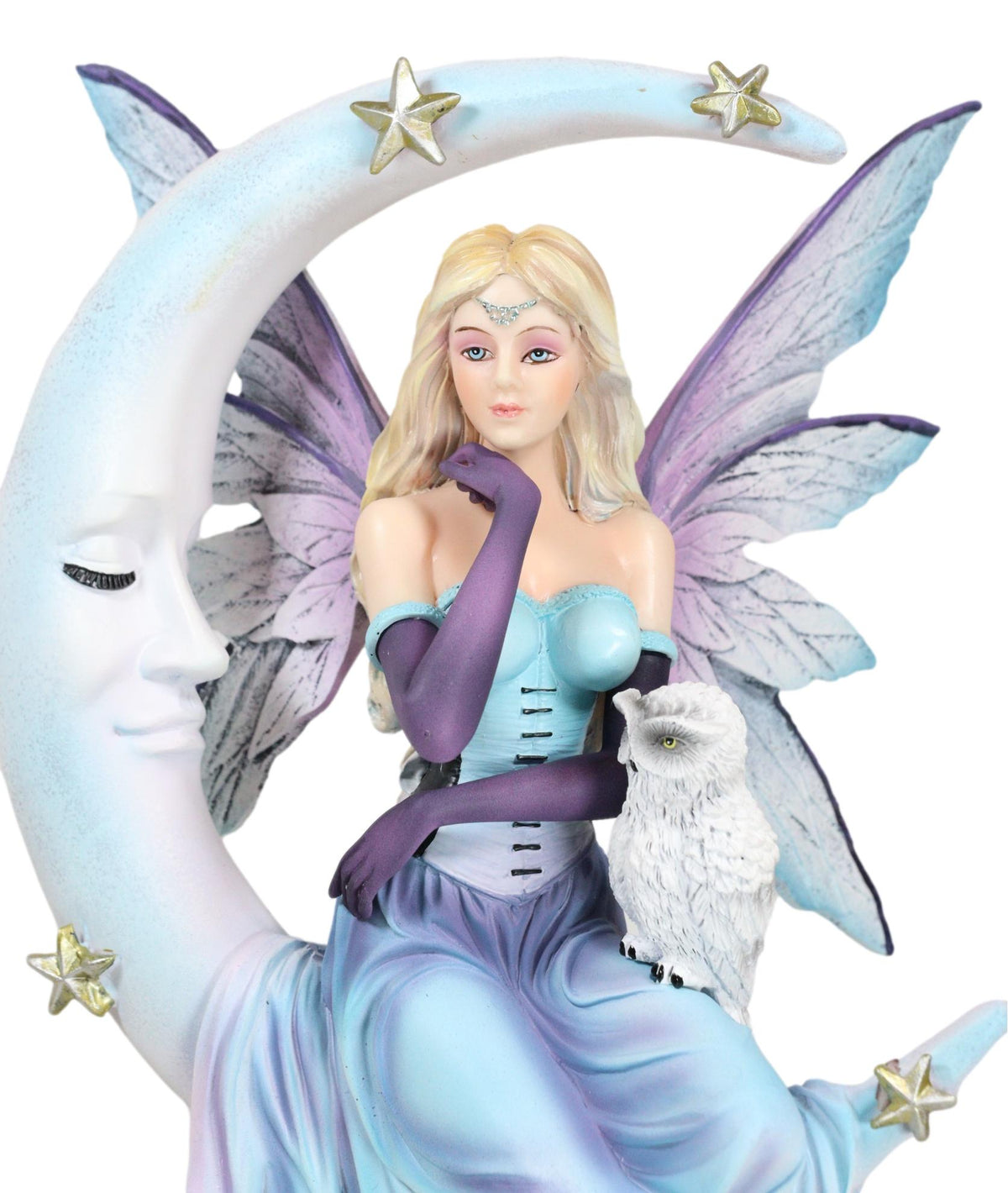 Crescent Moon And Stars Midnight Fairy Luna In Pastel Gown With Snow Owl Statue