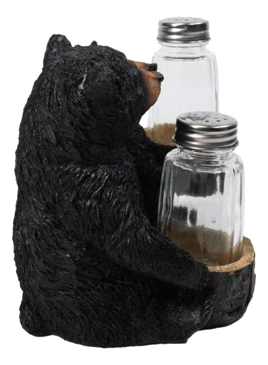 Rustic Forest Black Bear Couple Glass Salt and Pepper Shakers Holder Figurine