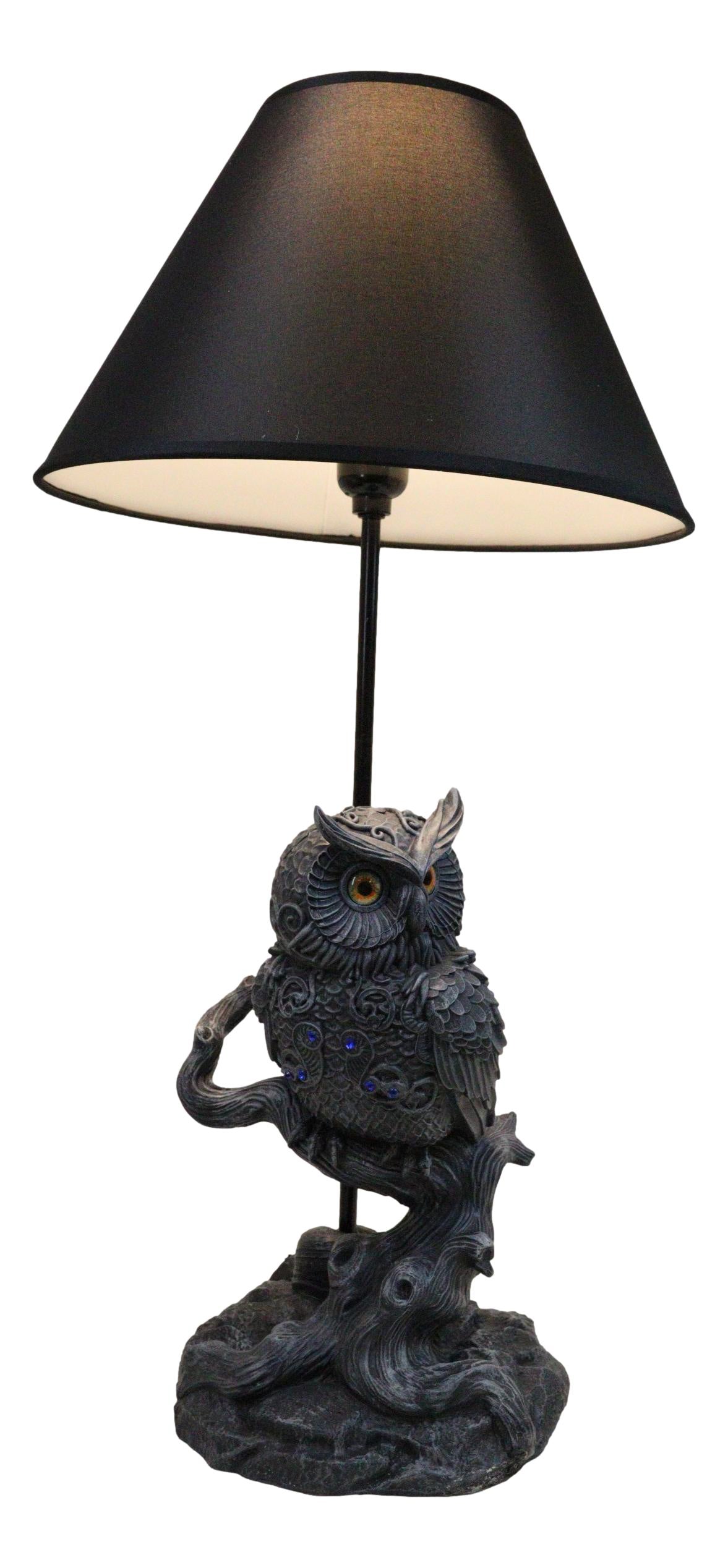 Wisdom of The Woods Mystical Bejeweled Owl Perching On Tree Branch Table Lamp
