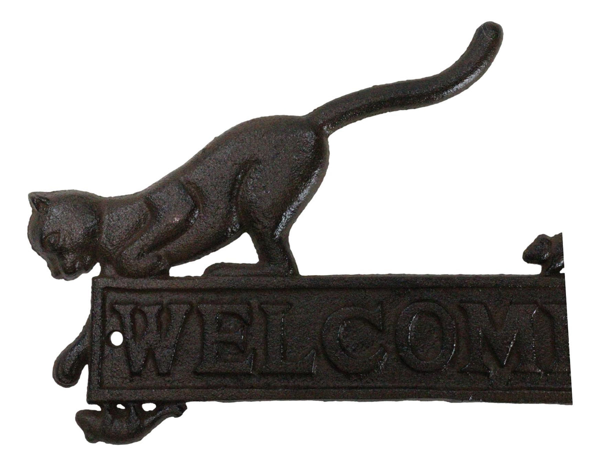 Cast Iron Whimsical Hungry Kitty Cat Chasing 2 Mice Wall Decor Welcome Sign