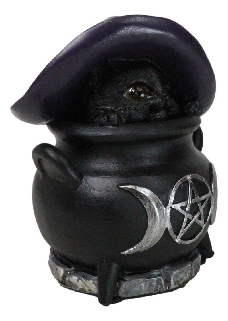 Witch Hat Feline Black Cat Hiding in Triple Moon Cauldron With LED Eyes Figurine