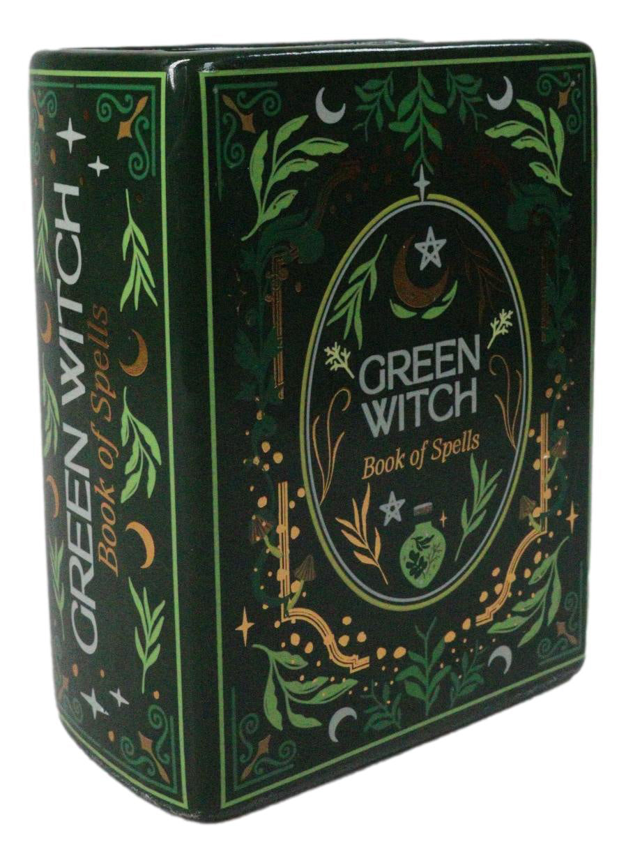 Ebros Green Witch Book of Spells Ceramic Flower Vase Gothic Grimoire Decor