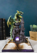 Medieval Green Dragon Perching On LED Castle With Book of Spells Figurine