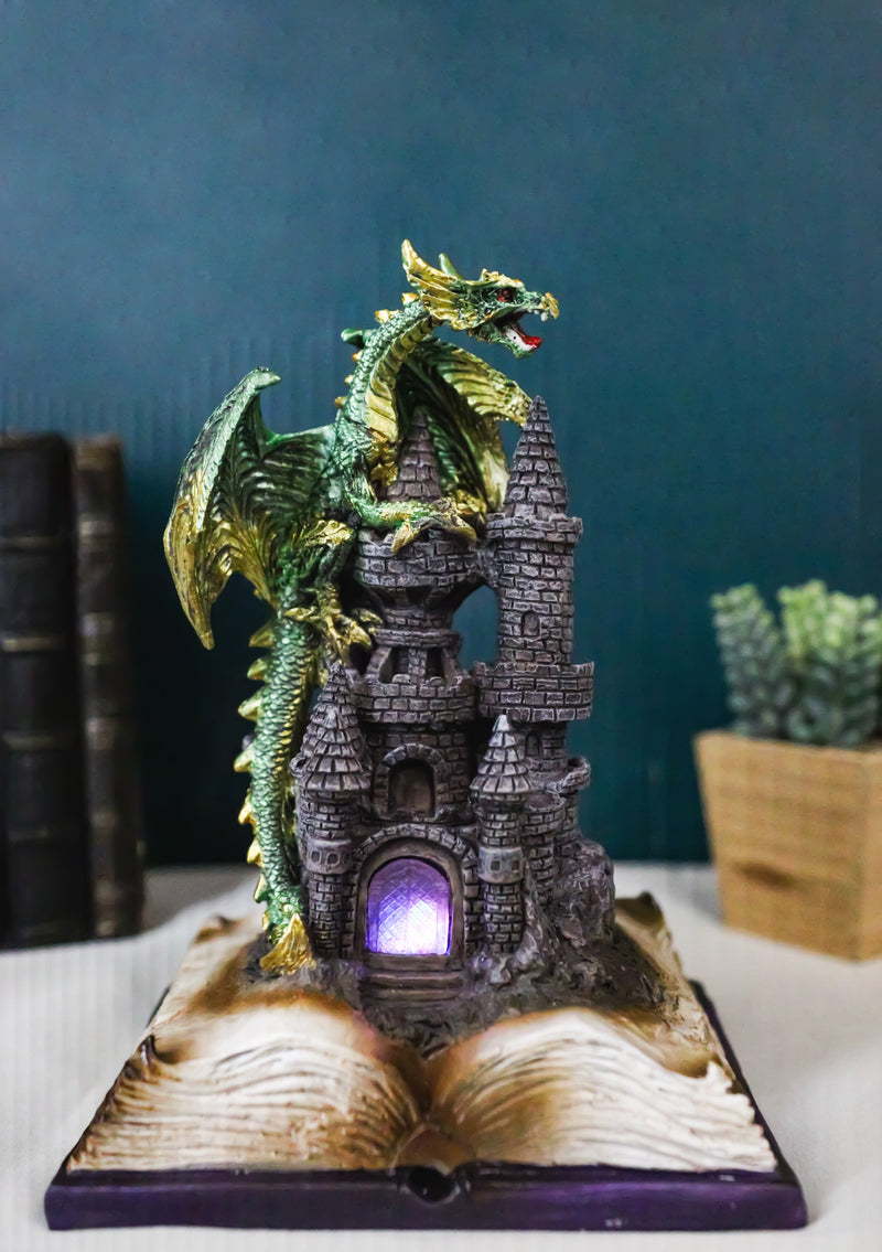Medieval Green Dragon Perching On LED Castle With Book of Spells Figurine