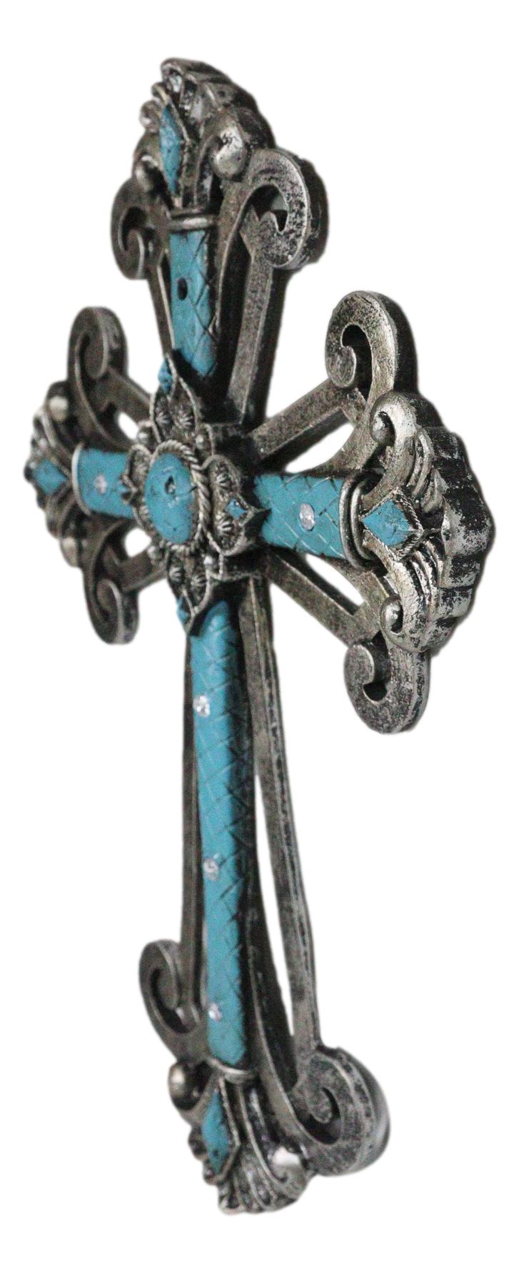 Southwest Silver French Fleur De Lis Crystals Turquoise Layered Wall Cross Decor