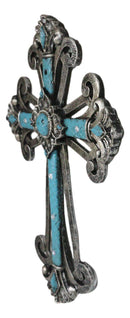 Southwest Silver French Fleur De Lis Crystals Turquoise Layered Wall Cross Decor