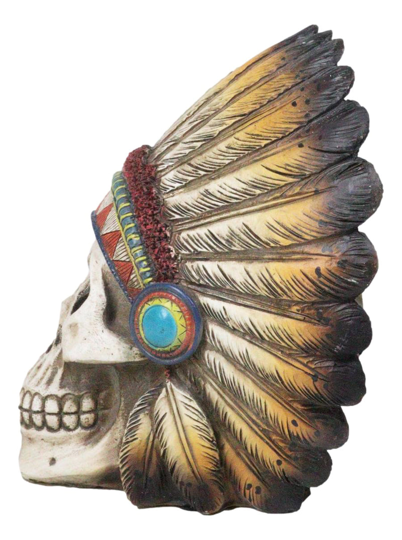 Indian Eagle Chief Skull with Turquoise Rocks Tribal Warrior Headdress Figurine