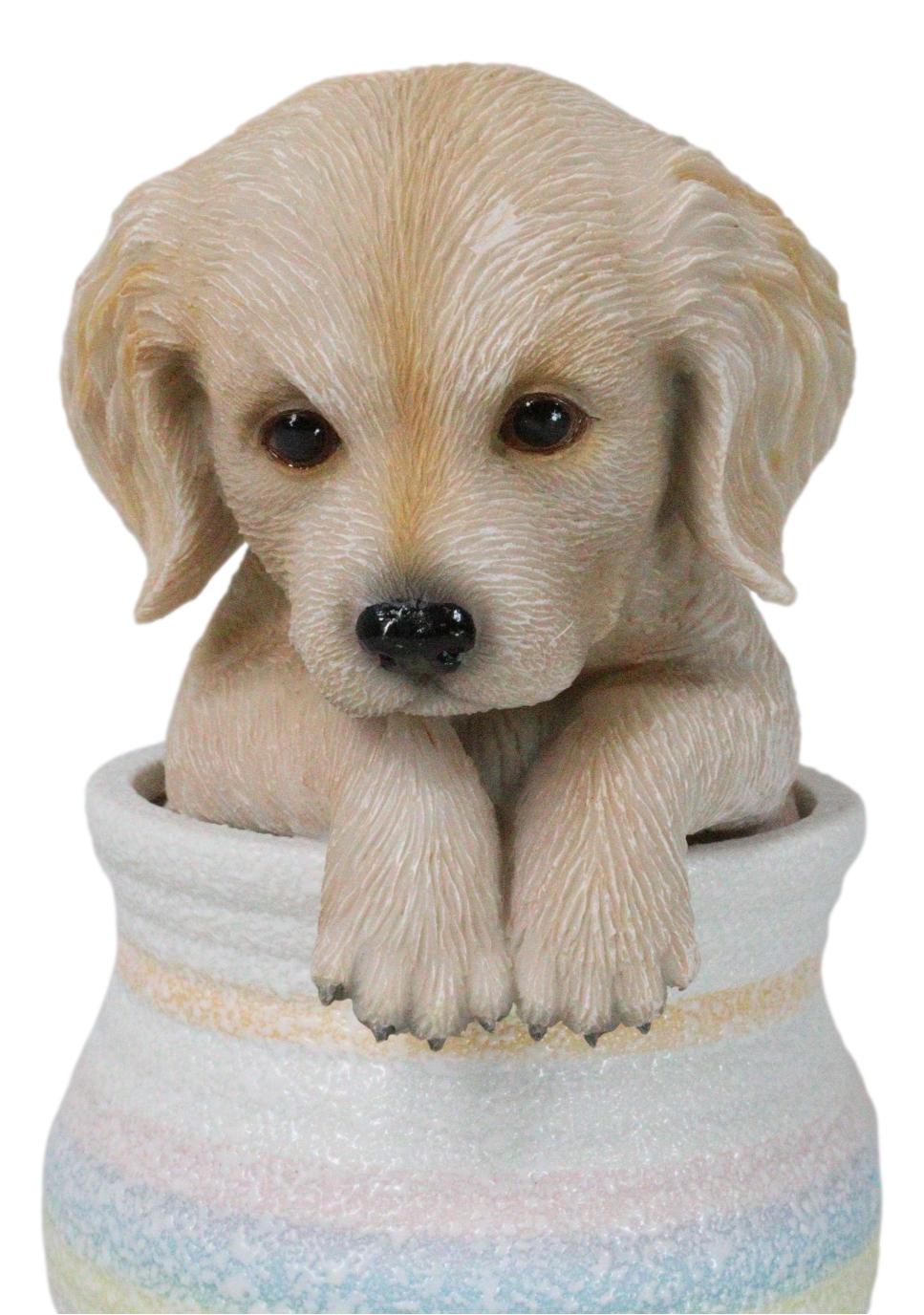 Realistic Golden Retriever Puppy Dog Figurine With Glass Eyes Pup In Pot