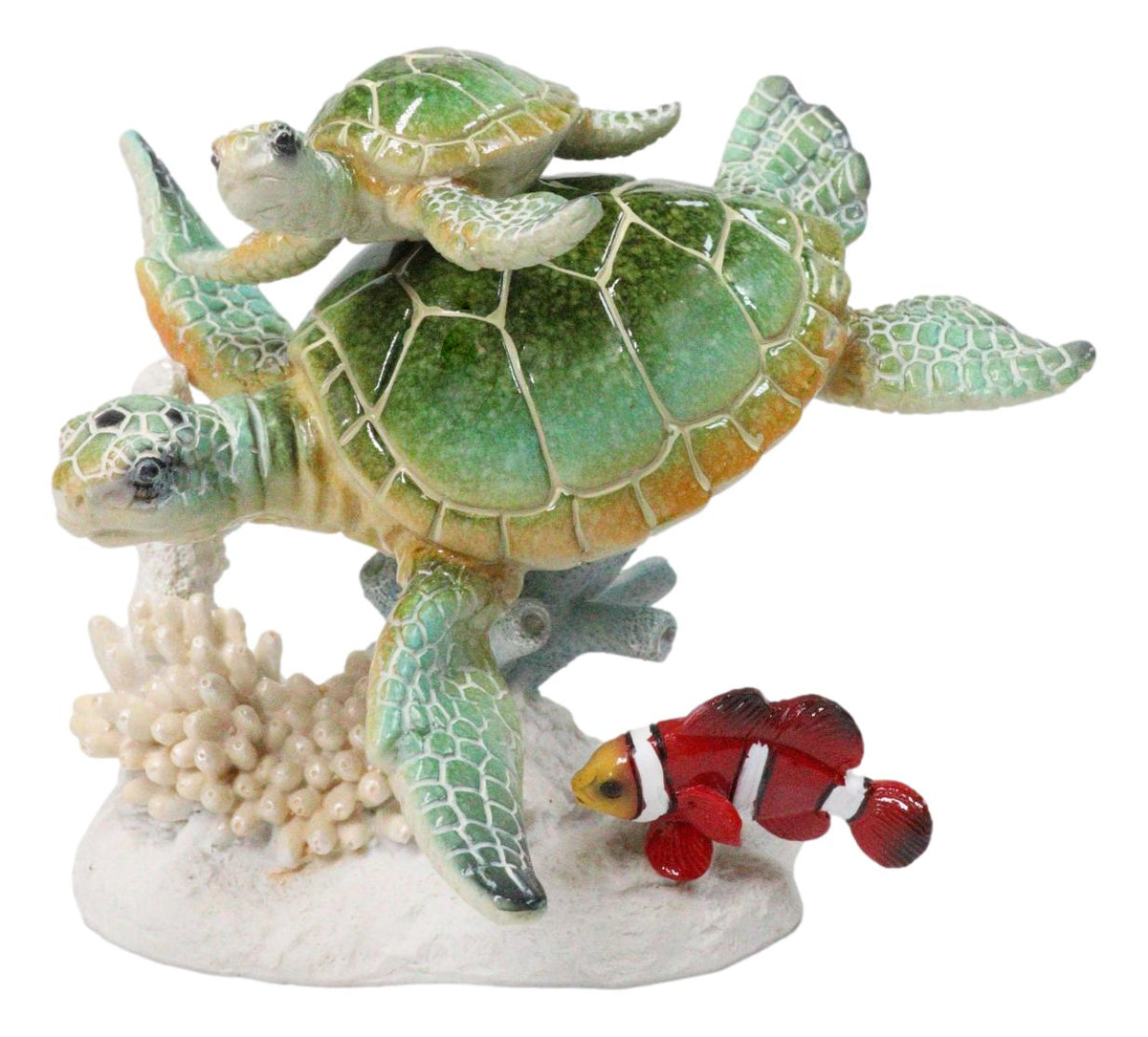 Green Sea Turtles Family Swimming By Coral Reef Sea Anemone Clownfish Figurine