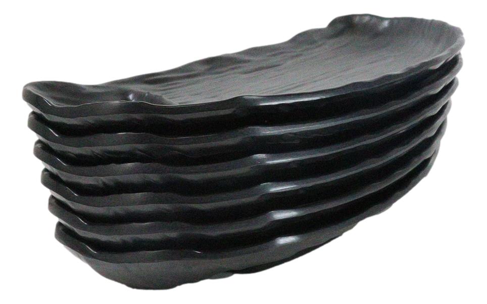 Pack Of 6 Half Moon Matte Black Melamine 2 Partitions Sushi Plates Platters 11"L