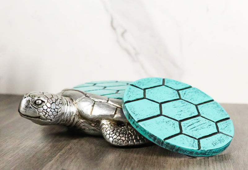 Marine Faux Antiqued Silver Sea Turtle With Turquoise Shell Round Coaster Set