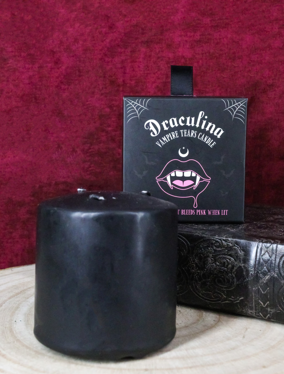 Set Of 2 Gothic Draculina Pink Vampire Tears Black Unscented Pillar Candles