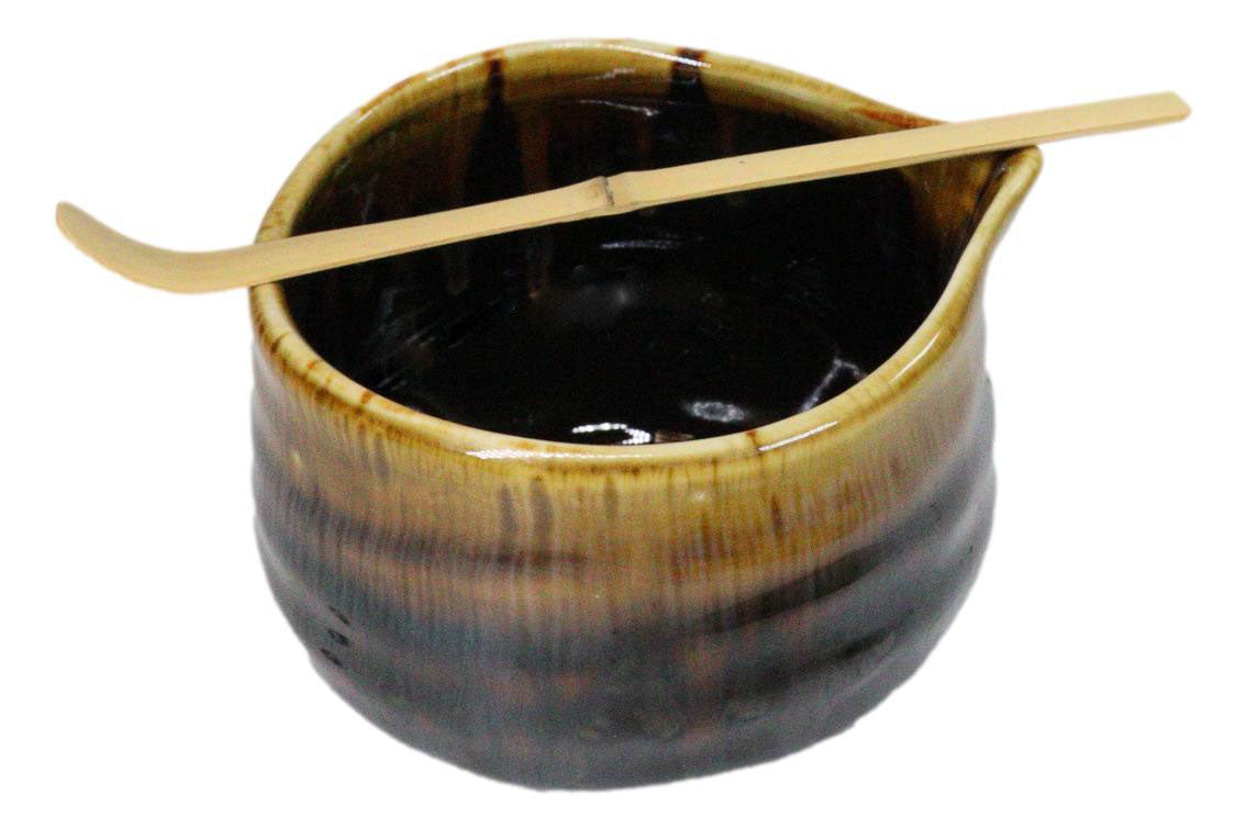 Brown Black Waterfall Ceramic Japanese Matcha Green Tea Bowl Whisk & Scoop Set