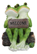 Romantic Frog Couple Sitting On Log Bench Holding Welcome Plank Sign Figurine