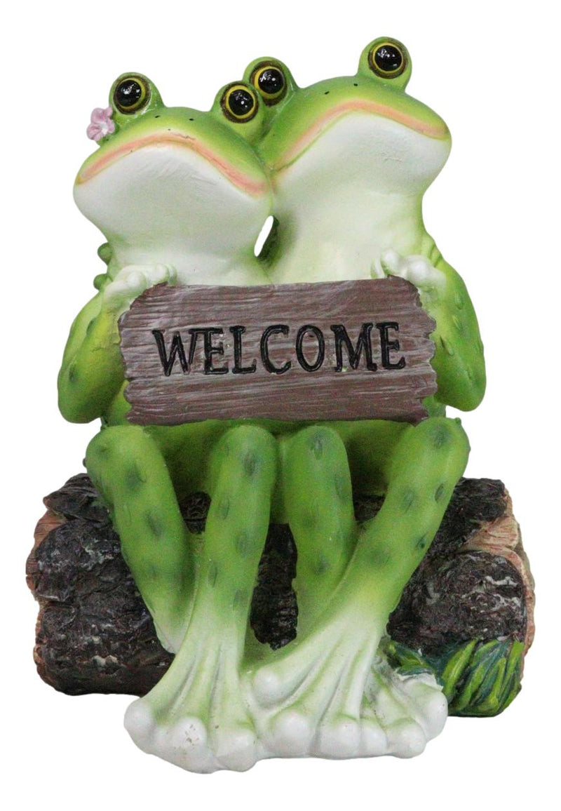 Romantic Frog Couple Sitting On Log Bench Holding Welcome Plank Sign Figurine
