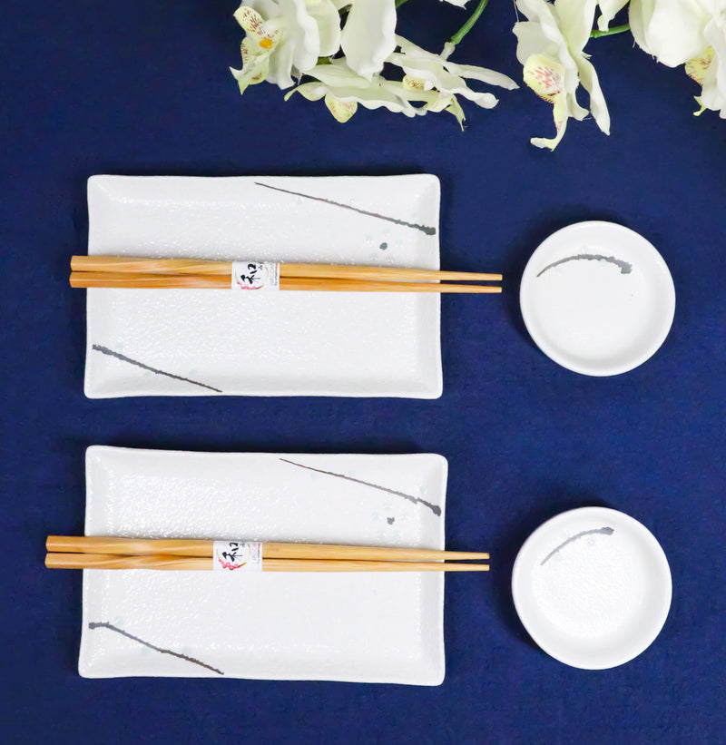 Yukino Hana Porcelain Sushi Plates Sauce Dishes Chopsticks Dinnerware Set For 2