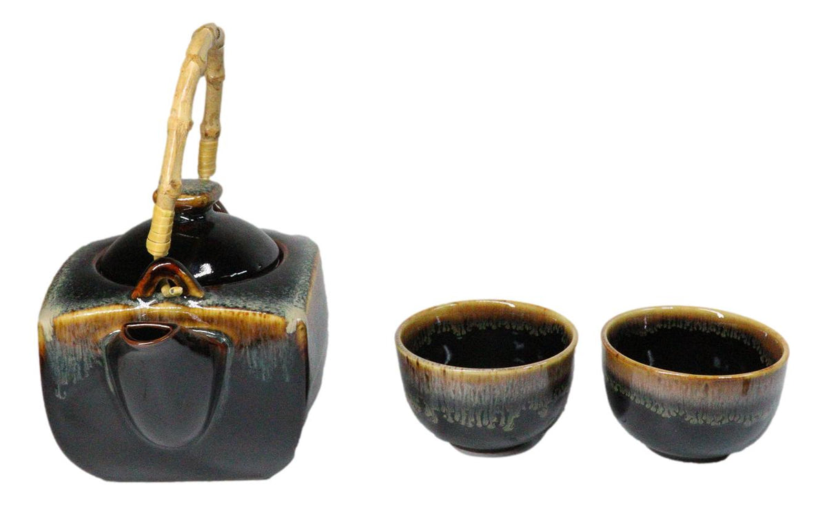 Artistic Black & Brown Waterfall Reactive Glaze 32oz Teapot With 2 Tea Cups Set