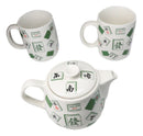 Green White Chinese Mahjong Tiles Ceramic Tea Pot 15oz And 2 Cup Mugs 11oz Set