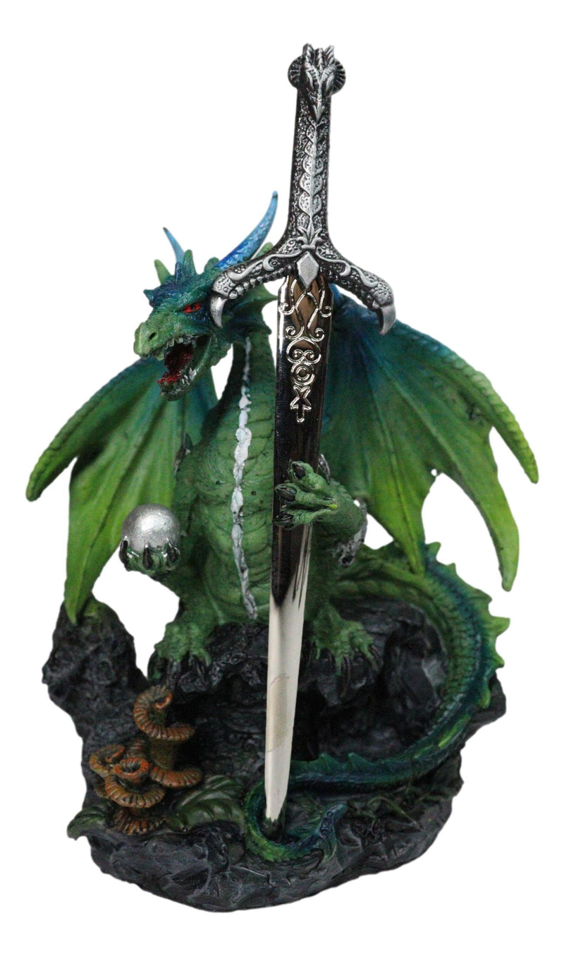 Green Dragon Holding Silver Orb And Draconian Sword Letter Opener Figurine