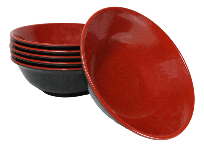 Set Of 6 Red And Black Round Medium Pasta Soup Salad Rice Melamine Bowls 9"D