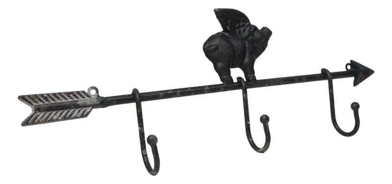 Cast Iron Rustic Farmhouse When Pigs Fly Angel Pig With Arrow 3-Peg Wall Hooks