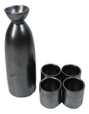 Black Iron Clay Tetsu Kesho Porcelain Sake Carafe Flask 9oz & 4 Ochoko Cups Set