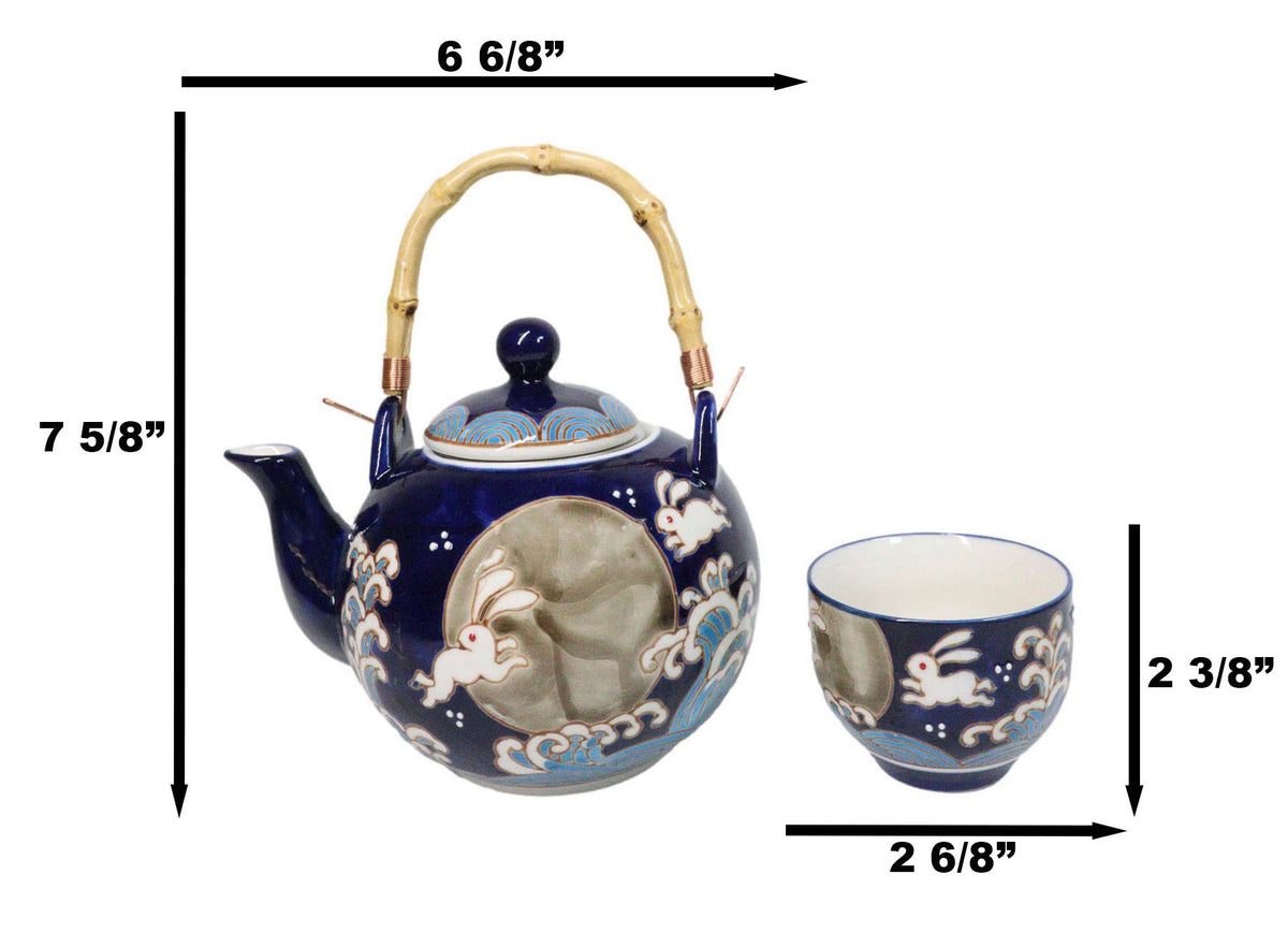 Blue Moon Rabbit Porcelain 30oz Teapot With Bamboo Handle And 4 Tea Cups Set