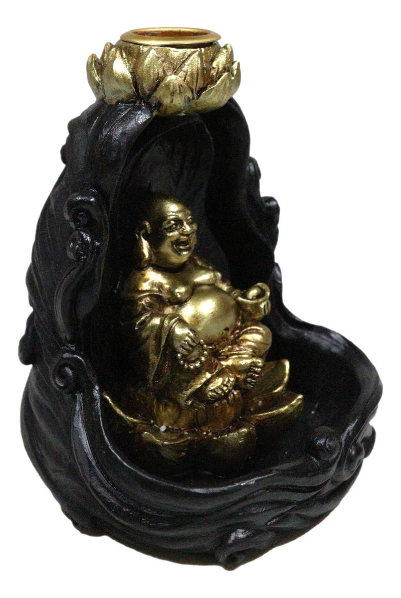 Golden Laughing Buddha Hotei On Black Cloud Lotus Backflow Incense Cone Burner