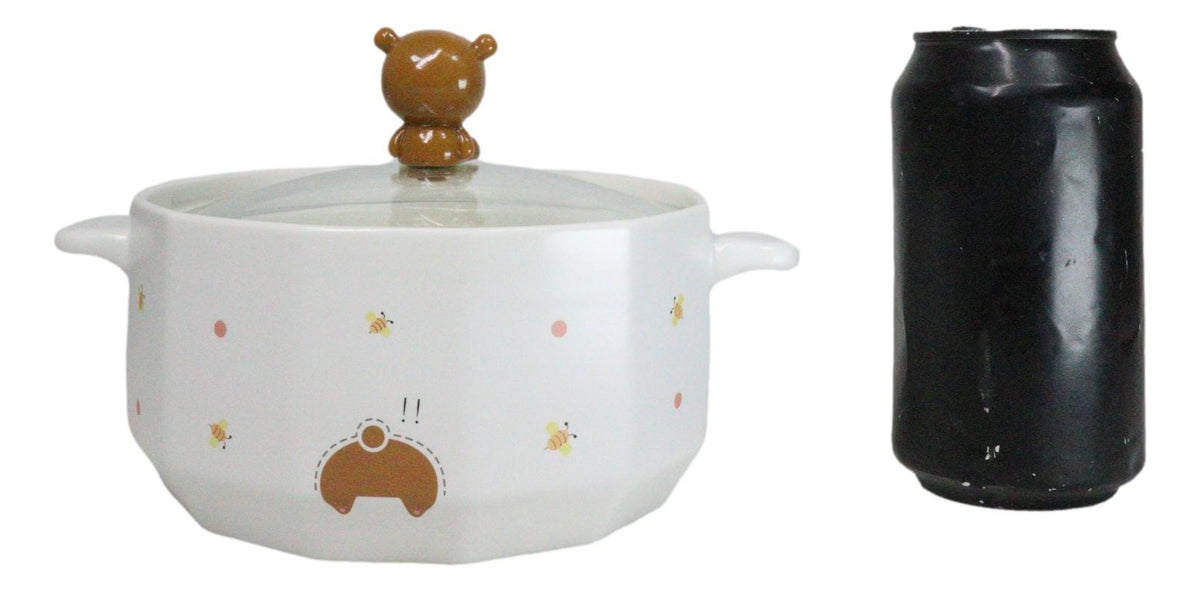 Ceramic Whimsical Honey Bees Bear 30oz Noodle Dessert Food Bowl W/ Glass Lid - Ebros Gift