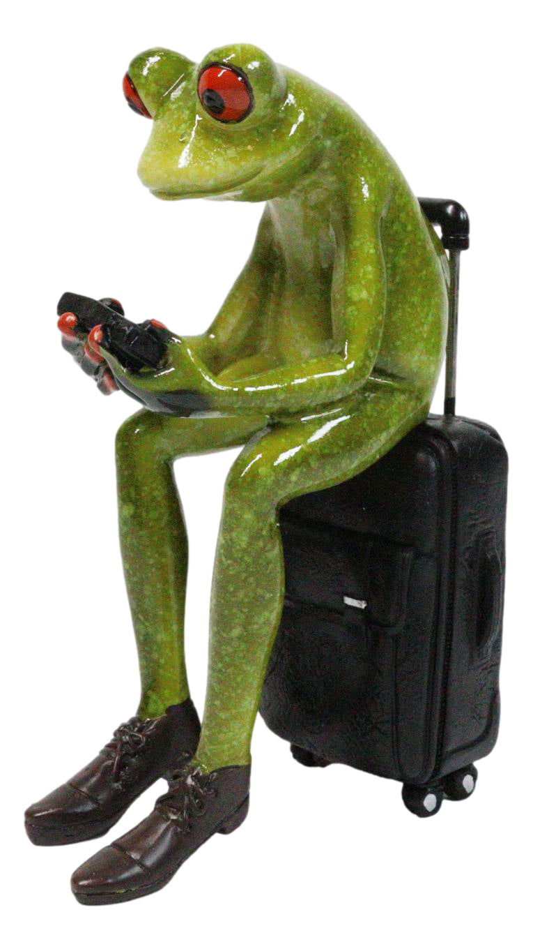 World Traveler Green Frog With Slack Shoes Sitting On Suit Case Luggage Figurine