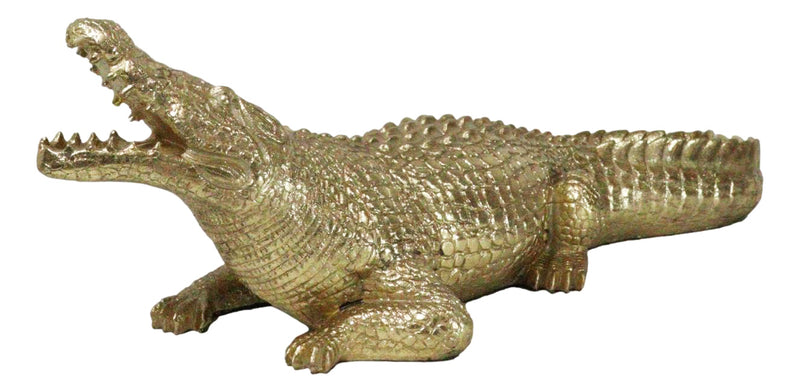 Large 2 Feet Gold Patina Crocodile Baring Jaws and Razor Teeth Garden Statue