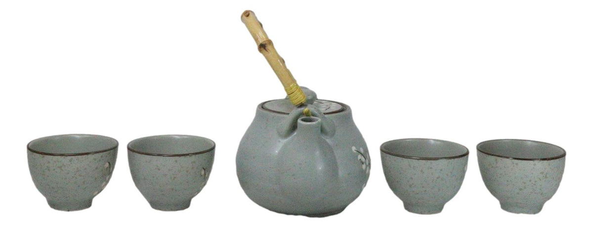 Japanese Sakura Pastel Ume Plum Cherry Blossom Traditional Teapot With Cups Set - Ebros Gift