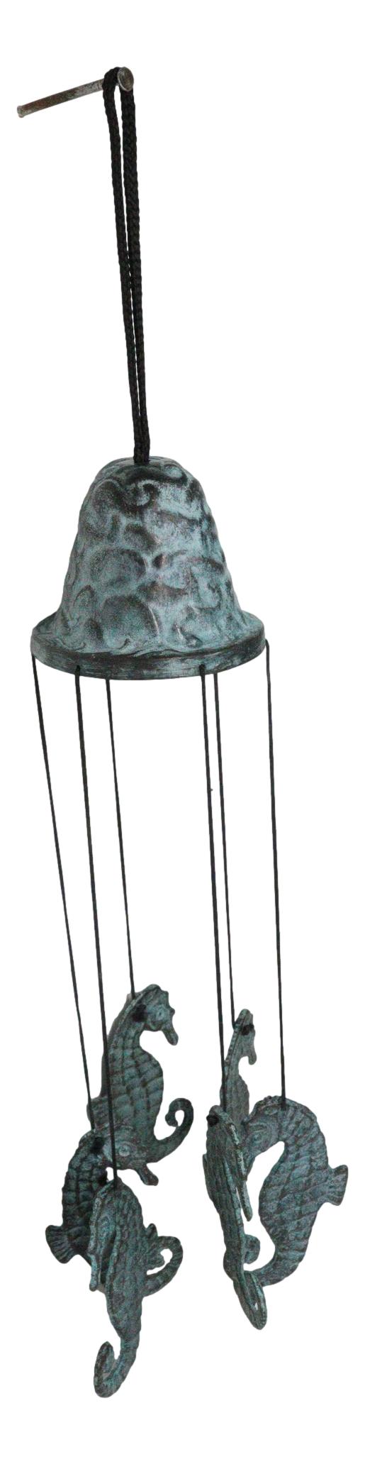 Verdigris Distressed Brass Metal Nautical Bell With Marine Seahorses Wind Chime