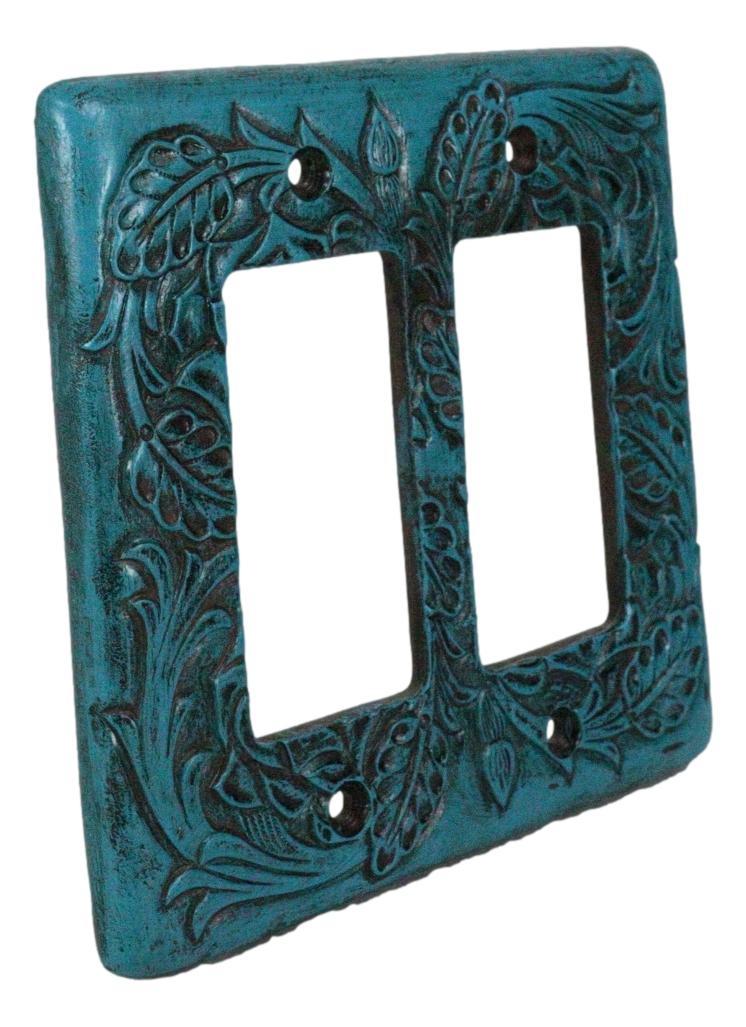 Set of 2 Western Tooled Floral Turquoise Wall Double Gang Rocker Switch Plates