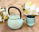 Mint Green Honeycomb Petite Cast Iron Teapot 10oz With 4 Mini Tea Cups Set