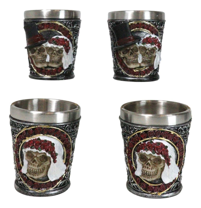 Set Of 4 Love Never Dies Wedding Couple Skulls With Red Roses Shot Glasses