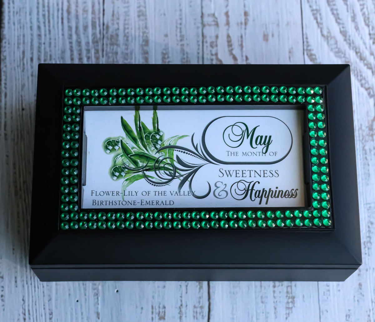 May Month Emerald Birthstone Sweetness And Happiness Black Musical Trinket Box