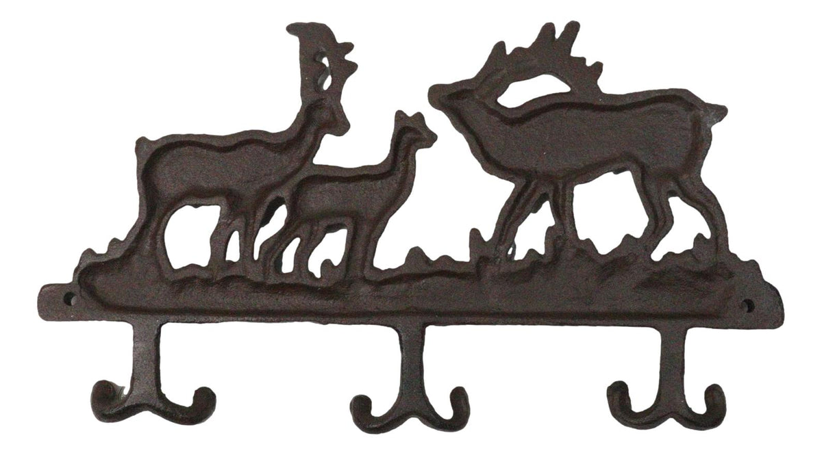 Rustic Deer Stag Doe and Fawn Family Antlers Cast Iron 6 Peg Wall Hook Sculpture