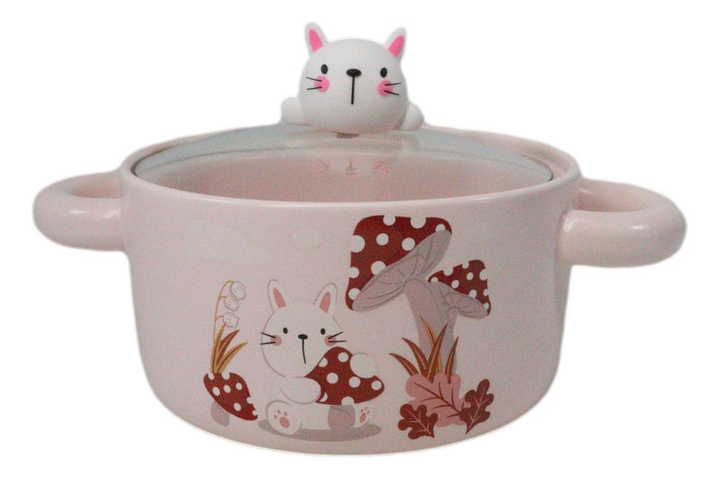 Ceramic Pink Rabbit In Mushroom Forest 30oz Noodle Dessert Bowl W/ Glass Lid