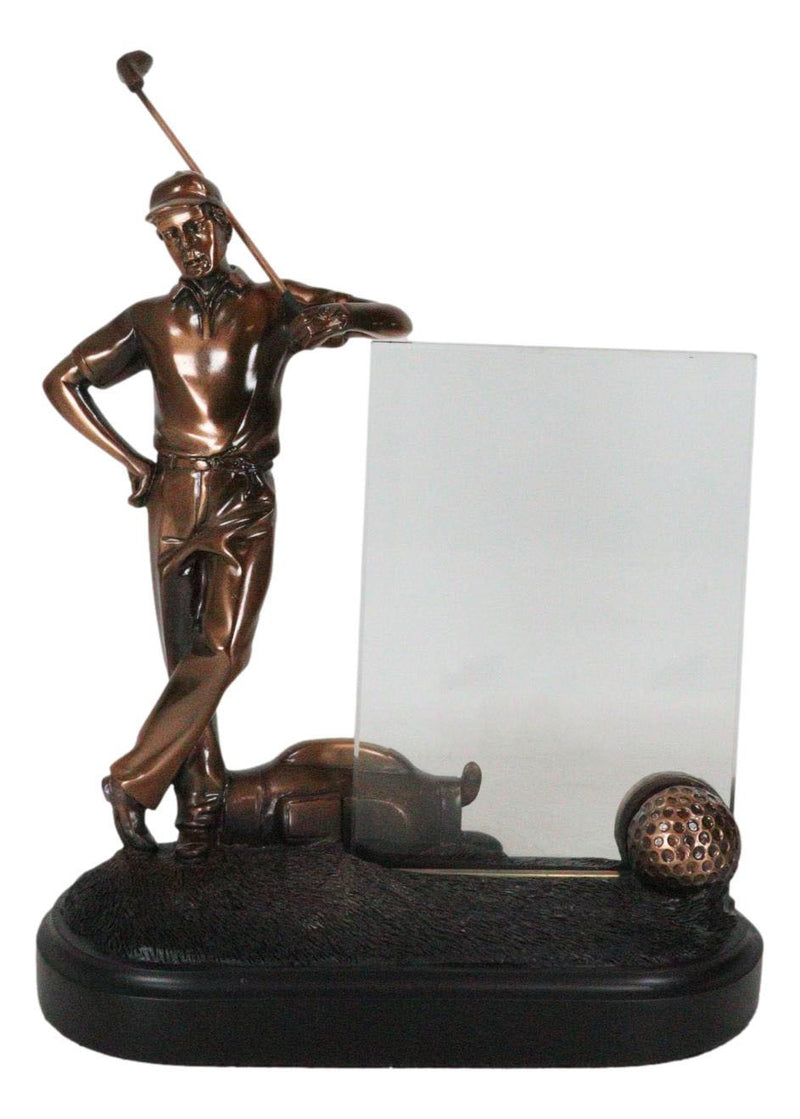 Professional Golfer With Golf Club Caddy Bag Glass Picture Frame Bronzed Statue