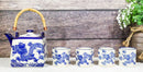 Heavenly Blue Oriental Ryu Dragon King Hexagonal Teapot With 4 Tea Cups Set