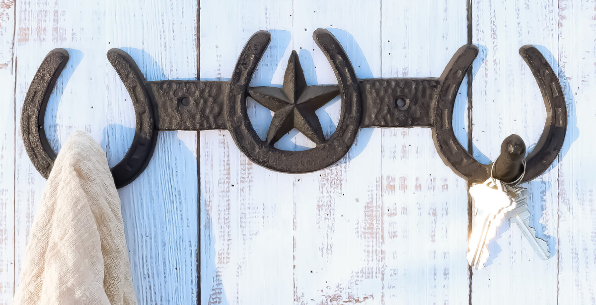 Rustic Western Lone Star With 3 Horseshoes Lucky Charm Double Wall Coat Hook