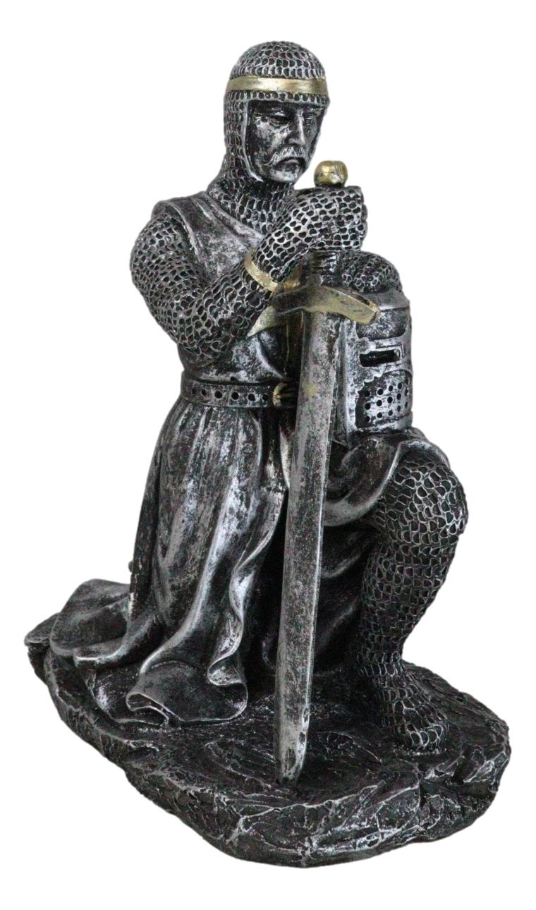 Kneeling Medieval Suit Of Armor Crusader Knight With Sword And Helmet Figurine