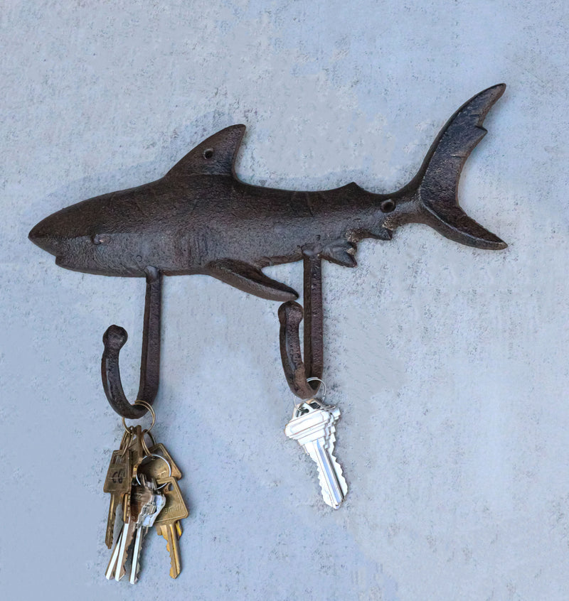 Pack Of 2 Cast Iron Rustic Nautical Marine Great White Shark Double Wa–  Ebros Gift