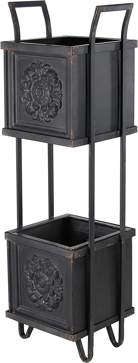 Rustic Farmhouse 2 Tiered Black Metal Box Planters With French Floral Design