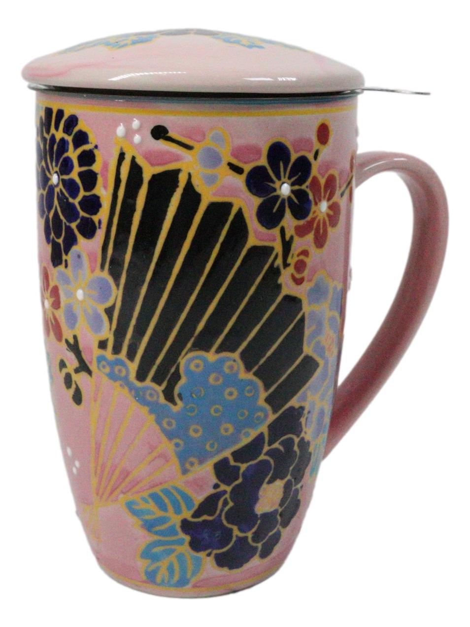 Japanese Fan Festival 15oz Porcelain Tea Mug With Lid & Stainless Steel Infuser