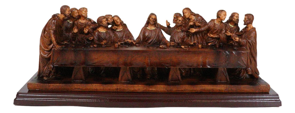 Leonardo Da Vinci The Last Supper Jesus And Disciples Faux Wooden Figurine 14"L - Ebros Gift