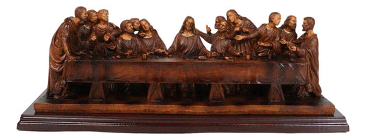 Leonardo Da Vinci The Last Supper Jesus And Disciples Faux Wooden Figurine 14"L - Ebros Gift