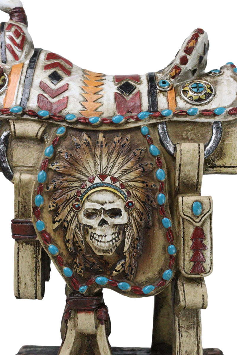 Rustic Southwest Indian Chieftain Roach Skull Cowboy Horse Saddle Figurine