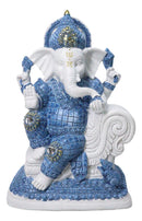 Blue & White Ganesha Statue with Mushak, 8.5-Inch Hindu God Seated on Throne